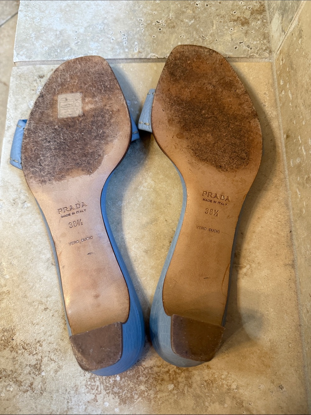 Prada Light Blue Leather Slide Mules with Triangle Logo - Picture 2 of 4